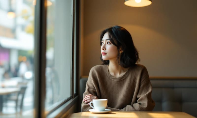 カフェで一人、考え事をする女性