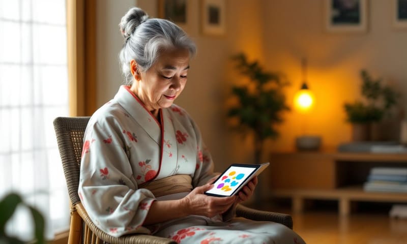 穏やかな表情でタブレットを使う高齢の女性