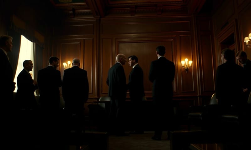 権力の廊下で交わされる密談のイメージ