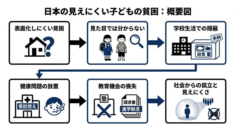 図1（前段・総覧）：子供の貧困が「見えないまま進む」流れ