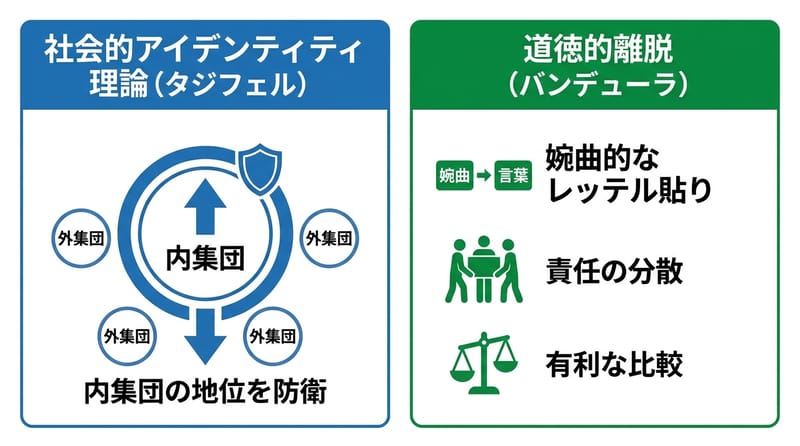 核心メカニズム：TajfelとBanduraで説明される擁護の回路
