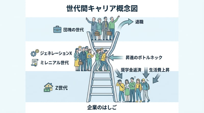 概念の全体像（世代・退職・出世の衝突）